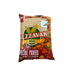 Alzawwak Mix påse med röd förpackning märkt Special Mixed Hot Flavor, fylld med färgglada blandade snacksbitar
