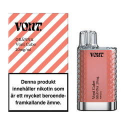Vont Cube Gränna 20mg 10-pack – Tobaksfria nikotinpåsar med smak av klassisk polkagris i vit och röd design.