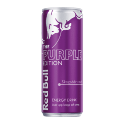 Red Bull Purple Edition energidryck 250ml lila aluminiumburk med skogsbärssmak och Red Bull-logotyp