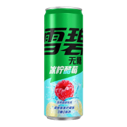 Grön burk Sprite Zero utan socker med smak av citron och hallon, kinesisk text och bild på hallon och citronskivor