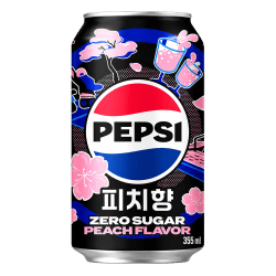 Pepsi White Peach Zero Sugar 355ml burk med svart design, körsbärsblomsmor och koreansk text