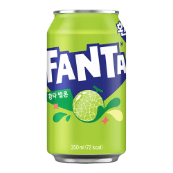 Limegrön Fanta Melon-burk på 350 ml med koreansk text och melonmotiv på vit bakgrund