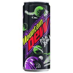 Mountain Dew Pitch Black 33cl burk med svart rymddesign i grönt och lila, 24 burkar per kolli