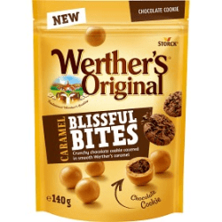 Werther's Original Blissful Bites Chocolate Cookie 140g påse med karamellgodis och chokladcookiekärna från Storck