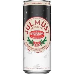 Nygårda Julmust Sockerfri 33cl burk med svart och vit design, julklockor och texten Efter originalrecept från 1910