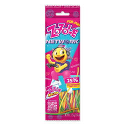 Rosa påse med Zozole Network Jellies 75g, gaming-tema gelégodis med färgglada syrliga strimlor och spelkaraktär på framsidan