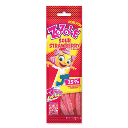 Zozole Sour Strawberry Jellies 75g, röd påse med syrliga jordgubbsgelébitar och Zozole-maskoten, 25% fruktjuice