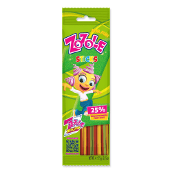 Grön påse med Zozole Sticks Jellies 75g med regnbågsfärgade geléstavar och karaktären Zozole Run på framsidan