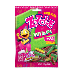 Rosa påse Zozole Wifi Jellies Gaming Jellies 75g med sura regnbågsfärgade gelégodisbitar och spelkaraktär på framsidan