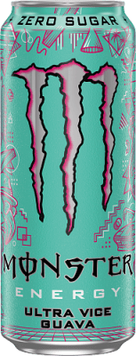 Zoom bild av Monster Energy Ultra Vice Guava 500ml burk i mintgrön färg med rosa Monster-logotyp och texten Zero Sugar