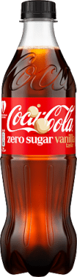 Zoom bild av Coca-Cola Zero Vanilla 50cl PET-flaska med röd etikett och texten zero sugar vanilla taste