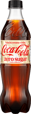 Zoom bild av Coca-Cola Zero Holiday Creamy Vanilla 50cl plastflaska med beige och röd etikett med holideythema