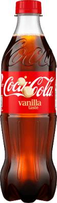 Zoom bild av Coca-Cola Vanilla taste 50cl PET-flaska med röd etikett och vit logotyp mot vit bakgrund