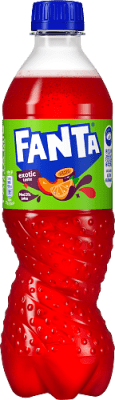 Zoom bild av Fanta Exotic 50cl röd PET-flaska med tropisk smak, grön etikett med Fanta-logotyp och exotiska frukter
