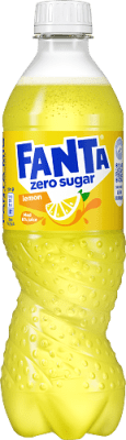 Zoom bild av Fanta Zero Lemon 50cl PET-flaska med gul etikett, sockerfri citronläsk med zero sugar-märkning