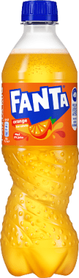 Zoom bild av Fanta Orange 50cl PET-flaska med orange etikett och blå kork, kolsyrad apelsinläsk från Coca-Cola