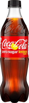 Zoom bild av Coca-Cola Zero Sugar Lemon 50cl PET-flaska med röd etikett och svart kork mot vit bakgrund