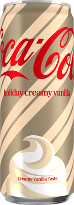 Zoom bild av Coca-Cola Holiday Creamy Vanilla 33cl burk med krämgul design, diagonala ränder och röd logotyp samt texten Creamy Vanilla Taste