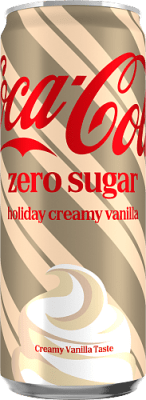Zoom bild av Coca-Cola Holiday Creamy Vanilla 33cl burk med krämgul design, diagonala ränder och röd logotyp samt texten Creamy Vanilla Taste