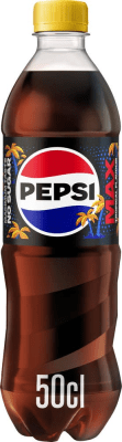 Zoom bild av Pepsi Max Tropical 50cl PET-flaska med gul kork och tropisk etikett med palmträd och texten No Sugar