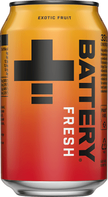 Zoom bild av Battery Fresh energidryck 33cl burk med orange och gul design och smaken Exotic Fruit