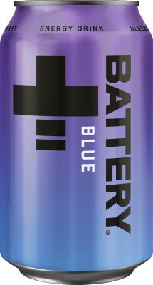 Zoom bild av Battery Blueberry energidryck 33cl burk med lila och blå design och Battery-logotyp i vitt