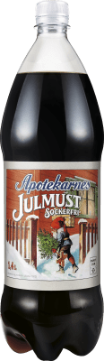 Zoom bild av Apotekarnes Julmust Sockerfri 1,4L PET-flaska med klassisk julillustration på etiketten, mörk kolsyrad julmust utan socker