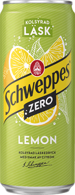 Zoom bild av Schweppes Lemon Zero 33cl burk i grönt och gult med citronmotiv och texten Kolsyrad Läsk