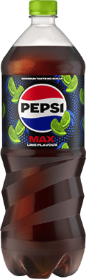 Zoom bild av Pepsi Max Lime 1,5L PET-flaska med grön kapsyl och limeskivor på etiketten, sockerfri colaläsk