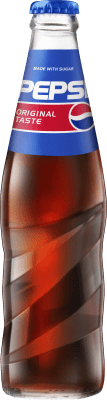 Zoom bild av Pepsi Original i 30 cl glasflaska med blå kork och klassisk Pepsi-etikett, kolli om 24 flaskor
