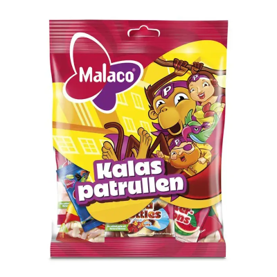 Zoom bild av Malaco Kalaspatrullen 18x138g, röd och gul godispåse med tecknade figurer och blandad godismix