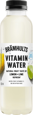 Zoom bild av Brämhults Vitamin Water Lemon + Lime Refresh 500 ml genomskinlig plastflaska med svart kork och vit etikett
