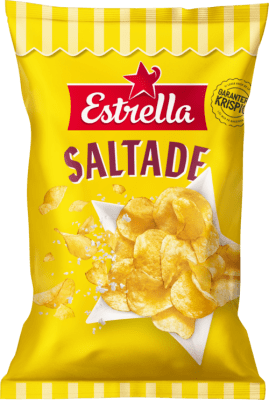 Zoom bild av Gul påse Estrella Saltade Potatischips 160g med krispiga chips och saltflingor på framsidan