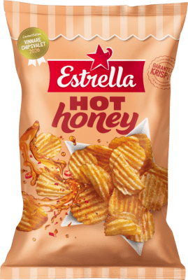 Zoom bild av Estrella Hot Honey 160g chips i Limited Edition-påse med grovräfflade potatischips och smak av honung och chili, vinnare i Chips