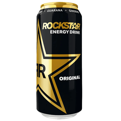 Zoom bild av Svart och guldad burk med Rockstar Energy Drink Original 500ml med stor guldstjärna och texten Guarana och Ginseng längs överkan