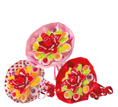 Zoom bild av Tre Look-O-Look Candy Flower Mini godisbuketter i rosa, röd och vit förpackning med hjärtan, fyllda med färgglatt fruktgummi i b