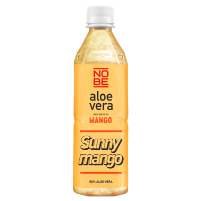 Zoom bild av NOBE Aloe Vera Sunny Mango 50cl petflaska med orange etikett, 50% aloe vera och mangosmak