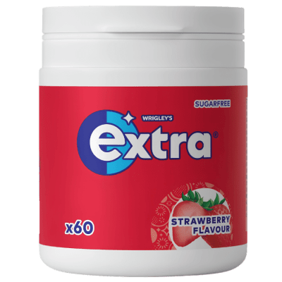 Zoom bild av Wrigley's Extra Strawberry Flavour sockerfritt tuggummi i vit burk med röd etikett, 60 bitar, 84g