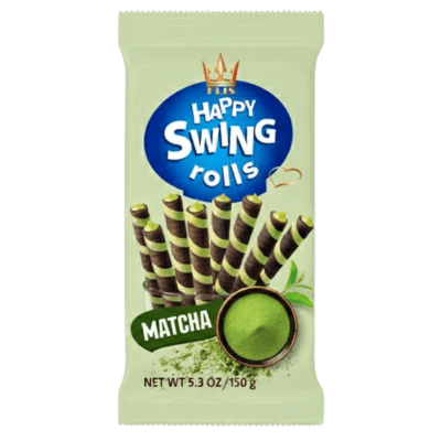 Zoom bild av Förpackning av Happy Swing Rolls Matcha 150g med rullvåfflor med matchakräm och matcha-pulver i skål på ljusgrönt omslag