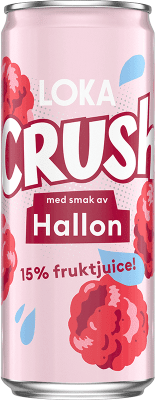 Zoom bild av Rosa sleek-burk Loka Crush Hallon 33cl med hallonillustrationer och texten 15% fruktjuice