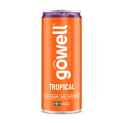 Zoom bild av GoWell Tropical 33cl – sockerfri energidryck med tropiska smaker i 24-pack.