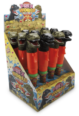 Zoom bild av Displaybox med 12 st T-Rex World godisdispensers formade som T-Rex-dinosaurier i orange och grönt, märkta 12x20g