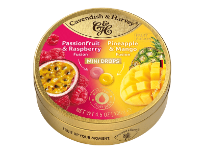 Zoom bild av Cavendish & Harvey Fruit Fusion Mini Drops i guldfärgad plåtburk med smakerna Passionfruit & Raspberry och Pineapple & Mango 130