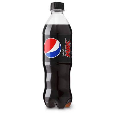 Zoom bild av Pepsi Max 50cl PET-flaska med svart etikett och Pepsi-logotypen i rött, vitt och blått