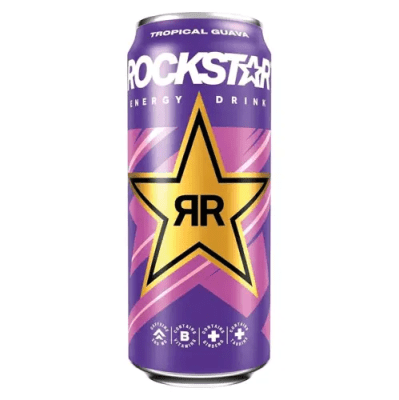Zoom bild av Lila burk Rockstar Energy Drink Tropical Guava 500ml med guldstjärna och RR-logotyp mot vit bakgrund