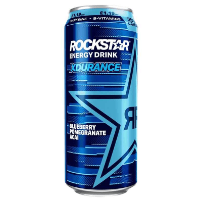 Zoom bild av Rockstar Energy Drink Xdurance Blueberry Pomegranate Acai 500ml blå burk med stjärnlogotyp och smakbeskrivning på framsidan