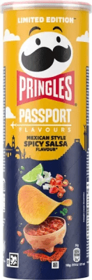 Zoom bild av Pringles Passport Mexican Style Spicy Salsa 165g gul och mörkblå limited edition-burk med bild på salsa och potatischip