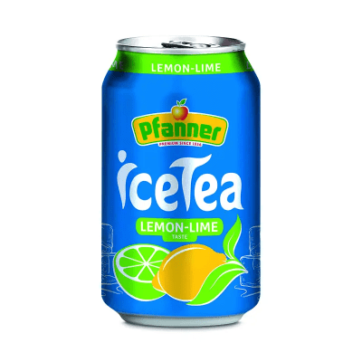 Zoom bild av Pfanner Ice Tea Lemon-Lime 33cl blå aluminiumburk med citron och lime på vit bakgrund