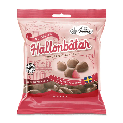 Zoom bild av Rosa påse med Aroma Klassiska Hallonbåtar doppade i mjölkchoklad, tillverkad i Sverige, fri från palmolja