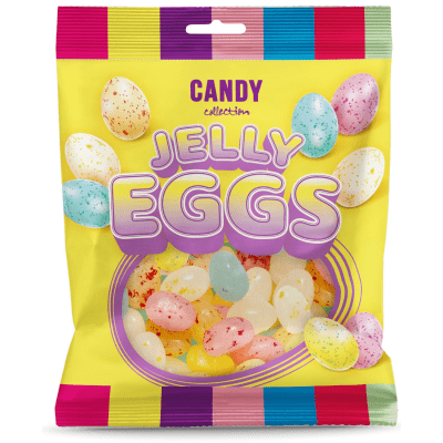Zoom bild av Gul påse med Candy Collection Jelly Eggs, färgglada geléägg i äggform i pastellfärger synliga genom förpackningsfönstret